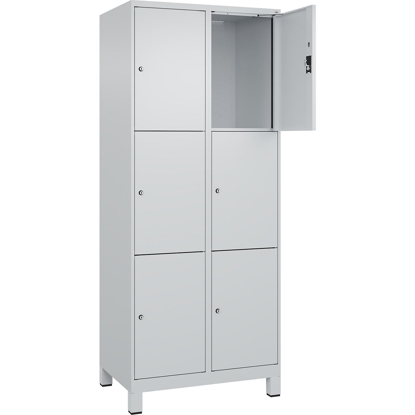 Evolo PLUS 3-fold compartment locker, 2 compartments, light grey, W 800 mm, 6 compartments, with wide feet, cylinder lock.
