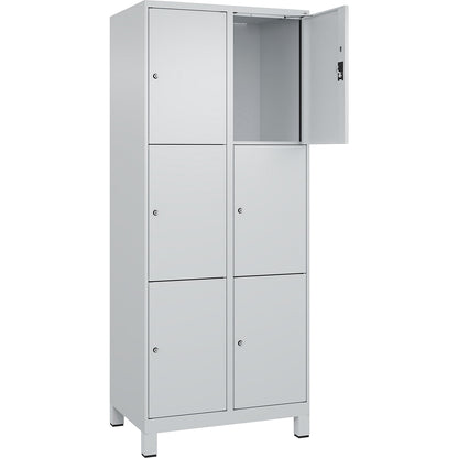 Evolo PLUS 3-fold compartment locker, 2 compartments, light grey, W 800 mm, 6 compartments, with wide feet, cylinder lock.