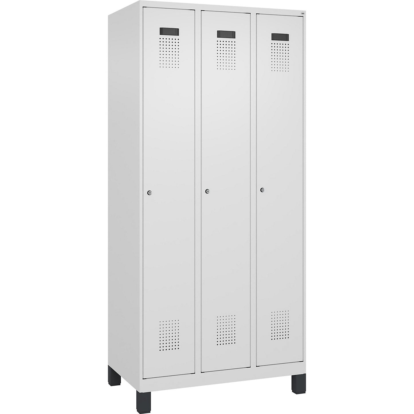 Evolo PLUS clean and dirty clothes locker, narrow, 3 compartments, shortened centre divider, white, W 900 mm, with wide feet, cylinder lock.