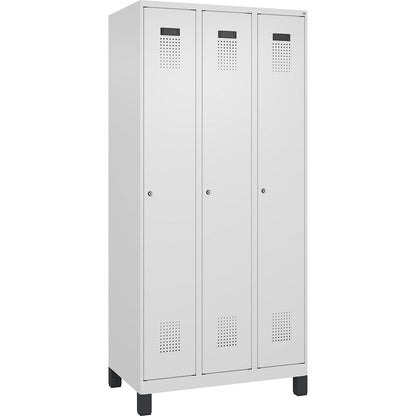 Evolo PLUS clean and dirty clothes locker, narrow, 3 compartments, shortened centre divider, white, W 900 mm, with wide feet, cylinder lock.