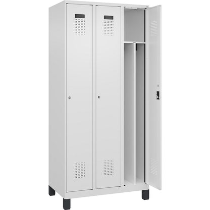 Evolo PLUS clean and dirty clothes locker, narrow, 3 compartments, shortened centre divider, white, W 900 mm, with wide feet, cylinder lock.