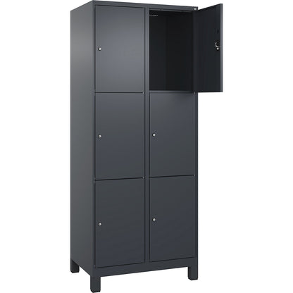Evolo PLUS 3-fold compartment locker, 2 compartments, grey, W 800 mm, 6 compartments, with wide feet, cylinder lock.