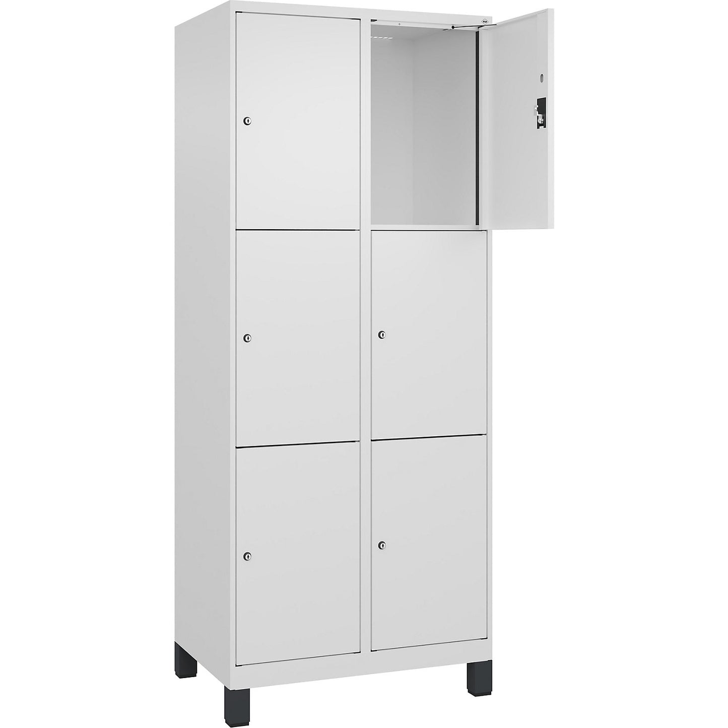 Evolo PLUS 3-fold compartment locker, 2 compartments, white, W 800 mm, 6 compartments, with wide feet, cylinder lock.
