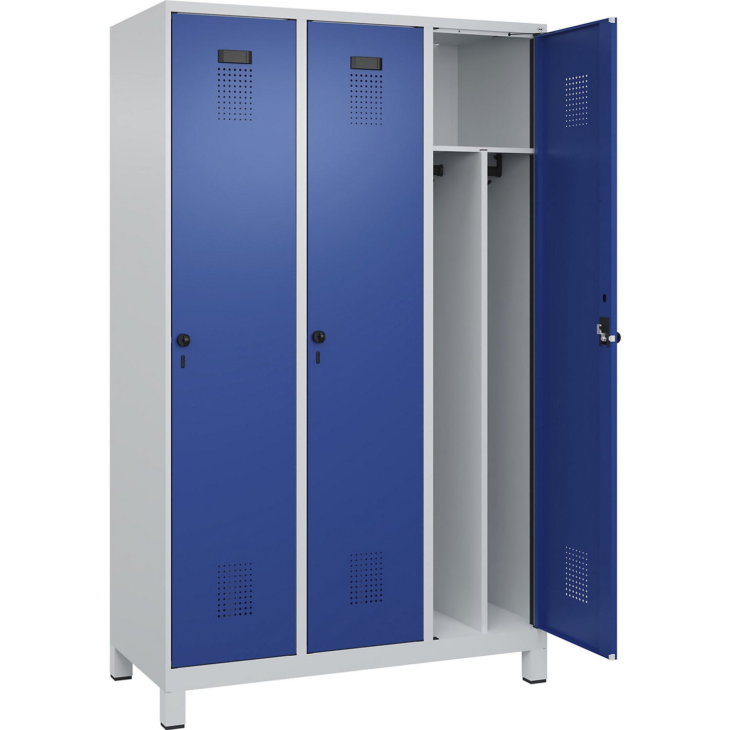 Evolo PLUS clean and dirty clothes locker, narrow, 3 compartments, shortened centre divider, light grey / gentian blue, W 1200 mm, with wide feet, security rotary bolt.