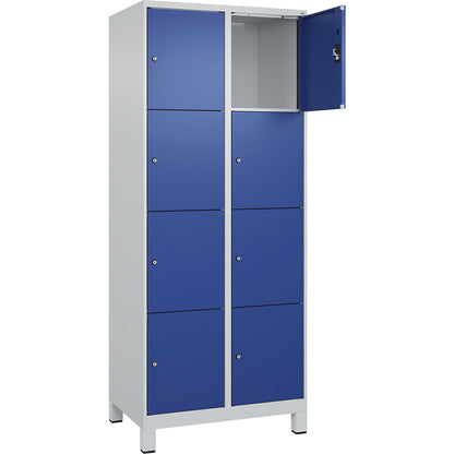 Evolo PLUS 4-fold compartment locker, 2 compartments, light grey / gentian blue, W 800 mm, 8 compartments, with wide feet, cylinder lock.