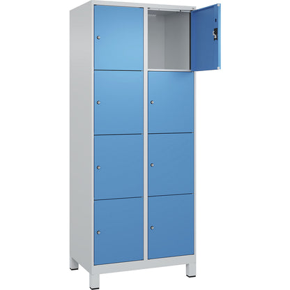 Evolo PLUS 4-fold compartment locker, 2 compartments, light grey / light blue, W 800 mm, 8 compartments, with wide feet, cylinder lock.