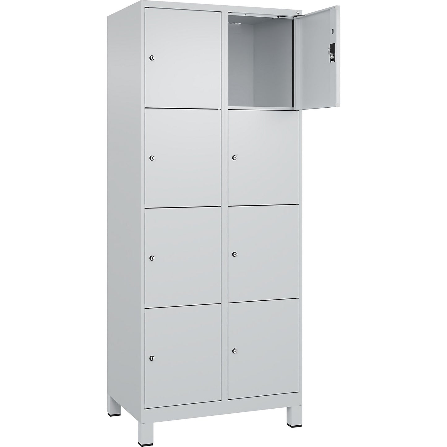 Evolo PLUS 4-fold compartment locker, 2 compartments, light grey, W 800 mm, 8 compartments, with wide feet, cylinder lock.