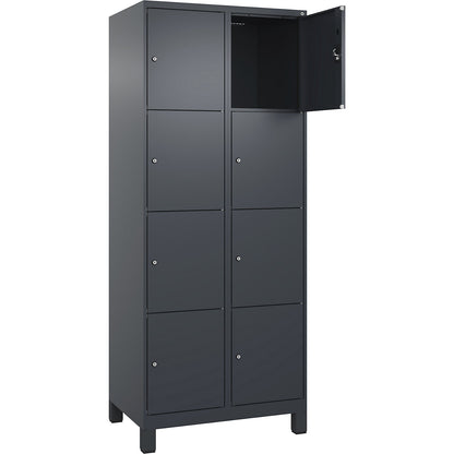 Evolo PLUS 4-fold compartment locker, 2 compartments, grey, W 800 mm, 8 compartments, with wide feet, cylinder lock.