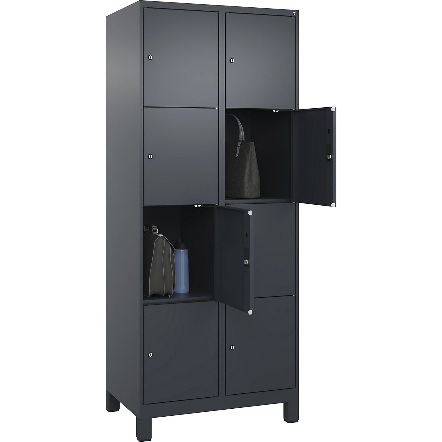 Evolo PLUS 4-fold compartment locker, 2 compartments, grey, W 800 mm, 8 compartments, with wide feet, cylinder lock.