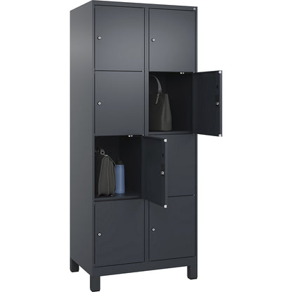 Evolo PLUS 4-fold compartment locker, 2 compartments, grey, W 800 mm, 8 compartments, with wide feet, cylinder lock.