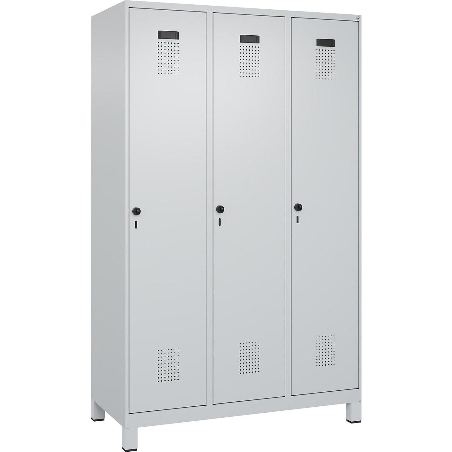 Evolo PLUS clean and dirty clothes locker, narrow, 3 compartments, shortened centre divider, light grey, W 1200 mm, with wide feet, security rotary bolt.