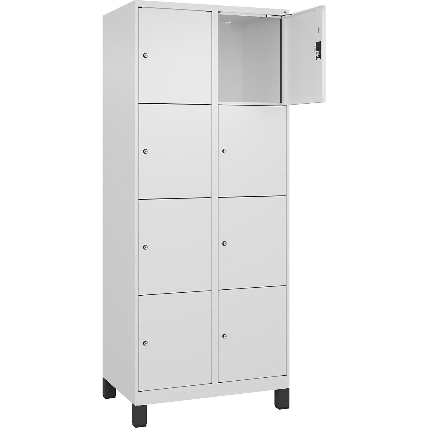 Evolo PLUS 4-fold compartment locker, 2 compartments, white, W 800 mm, 8 compartments, with wide feet, cylinder lock.