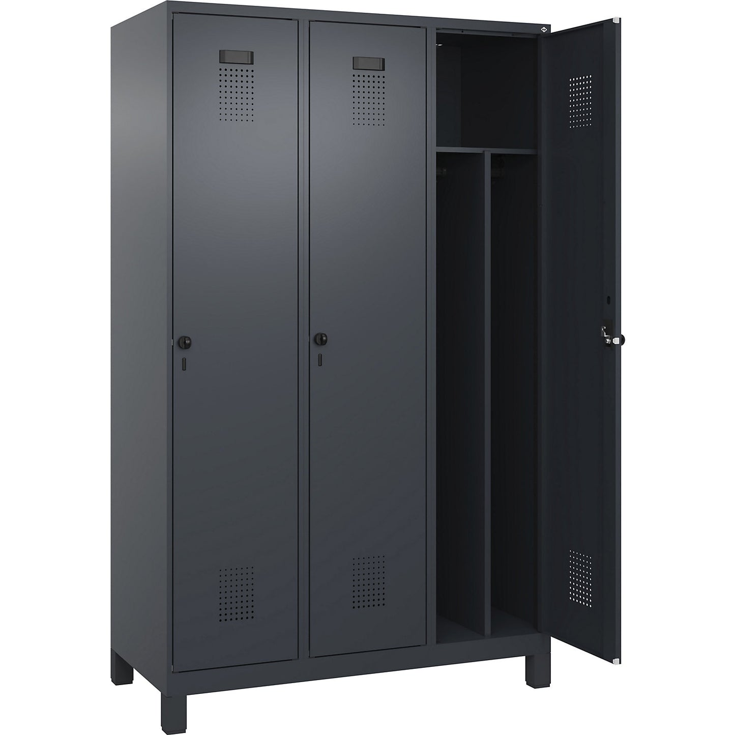 Evolo PLUS clean and dirty clothes locker, narrow, 3 compartments, shortened centre divider, grey, W 1200 mm, with wide feet, security rotary bolt.
