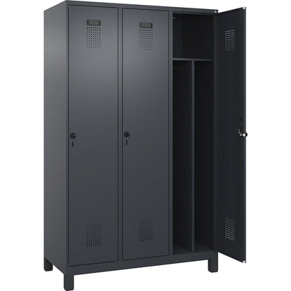 Evolo PLUS clean and dirty clothes locker, narrow, 3 compartments, shortened centre divider, grey, W 1200 mm, with wide feet, security rotary bolt.