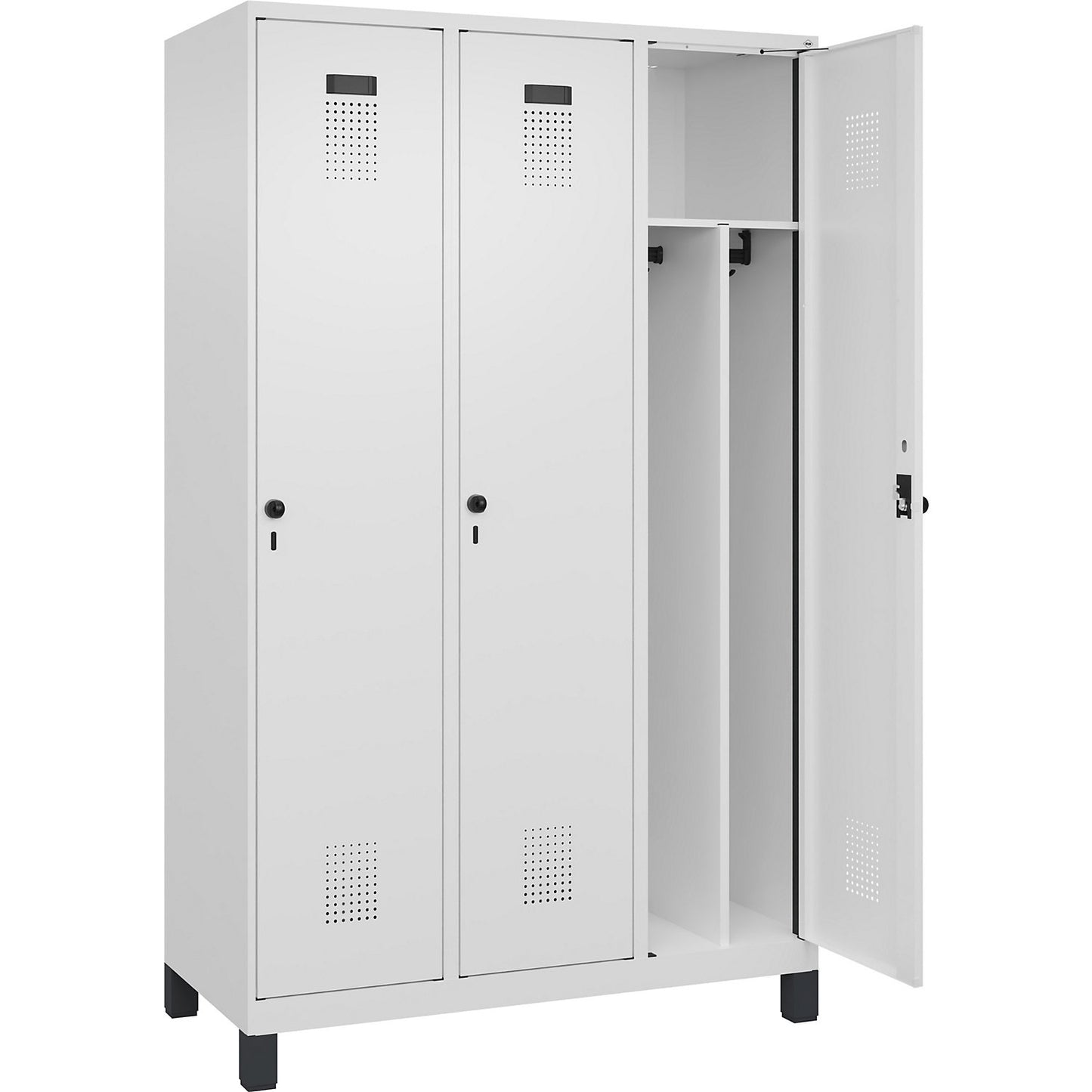 Evolo PLUS clean and dirty clothes locker, narrow, 3 compartments, shortened centre divider, white, W 1200 mm, with wide feet, security rotary bolt.