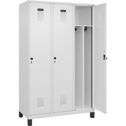 Evolo PLUS clean and dirty clothes locker, narrow, 3 compartments, shortened centre divider, white, W 1200 mm, with wide feet, security rotary bolt.