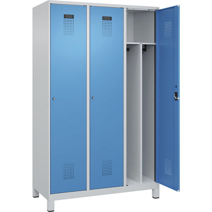Evolo PLUS clean and dirty clothes locker, narrow, 3 compartments, shortened centre divider, light grey / light blue, W 1200 mm, with wide feet, cylinder lock.