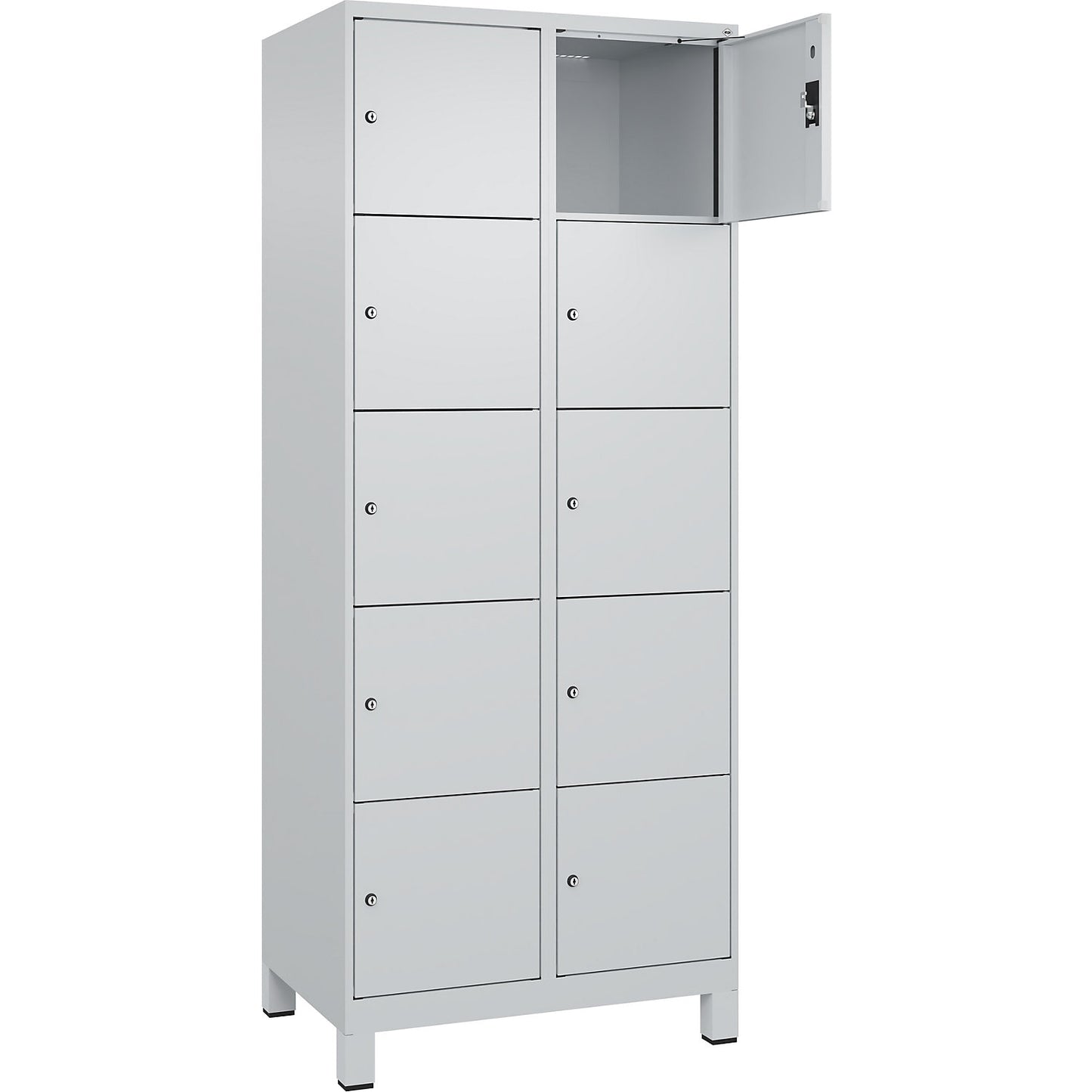 Evolo PLUS 5-fold compartment locker, 2 compartments, light grey, W 800 mm, 10 compartments, with wide feet, cylinder lock.