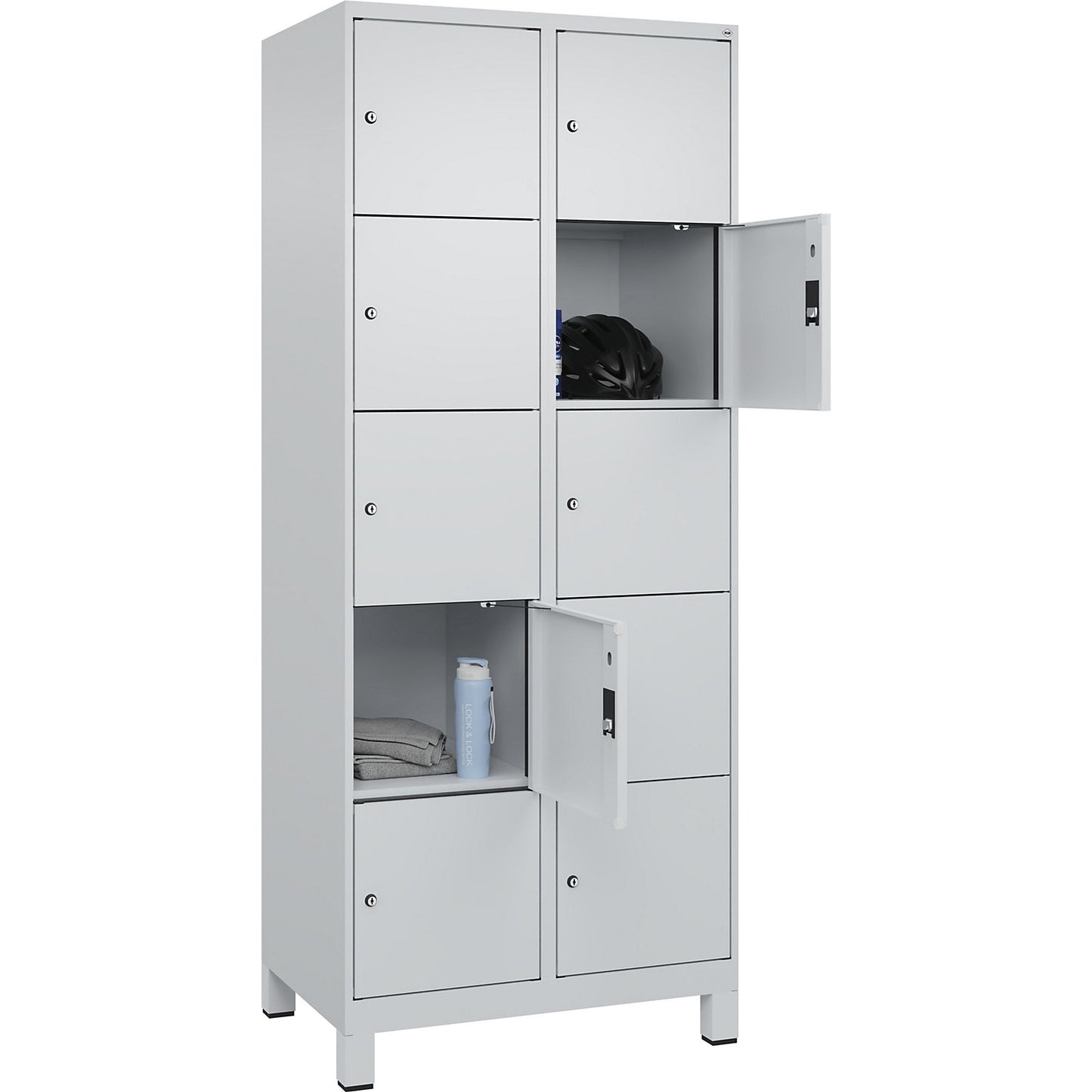 Evolo PLUS 5-fold compartment locker, 2 compartments, light grey, W 800 mm, 10 compartments, with wide feet, cylinder lock.