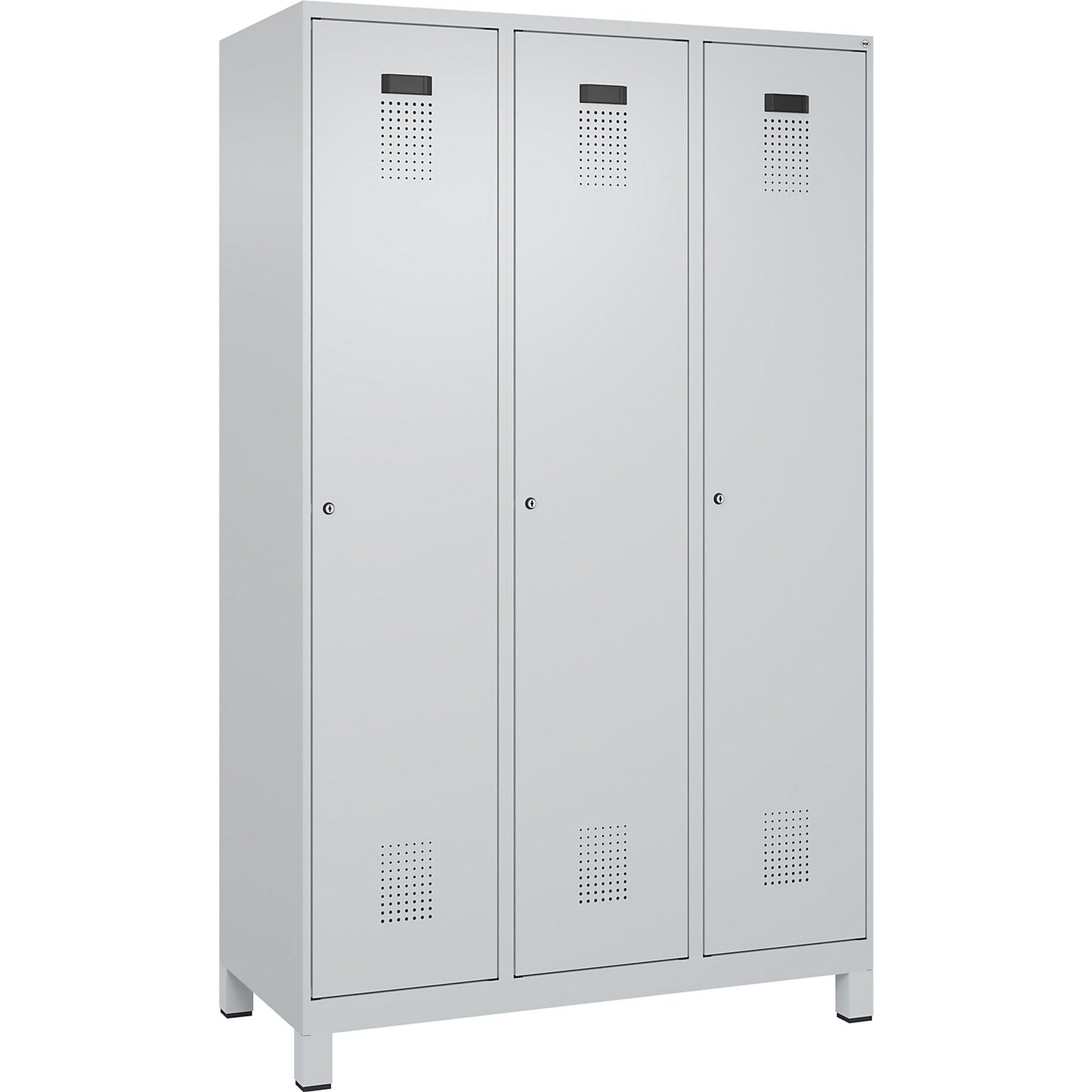 Evolo PLUS clean and dirty clothes locker, narrow, 3 compartments, shortened centre divider, light grey, W 1200 mm, with wide feet, cylinder lock.