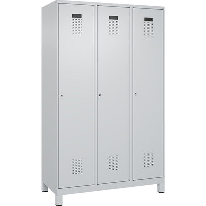 Evolo PLUS clean and dirty clothes locker, narrow, 3 compartments, shortened centre divider, light grey, W 1200 mm, with wide feet, cylinder lock.