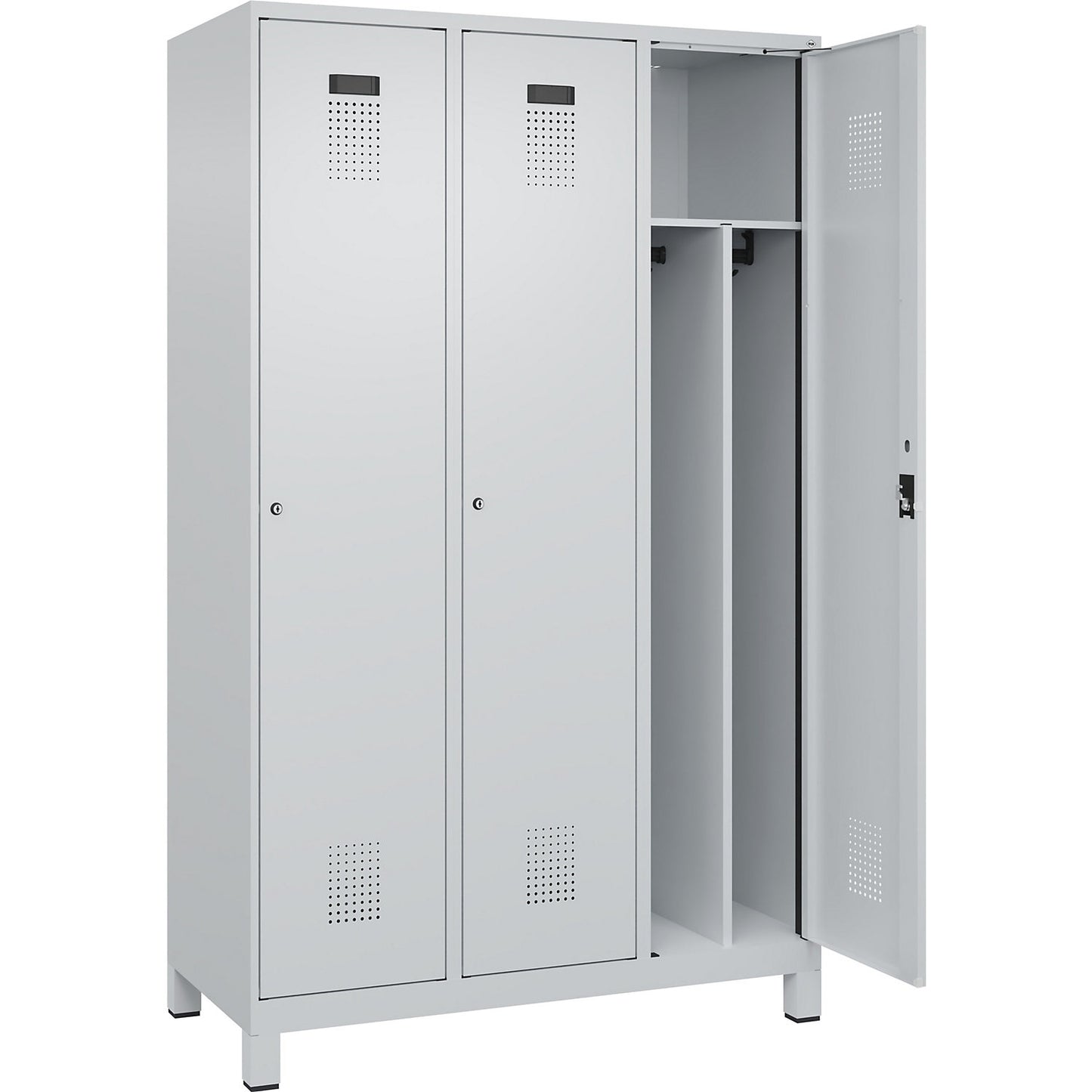 Evolo PLUS clean and dirty clothes locker, narrow, 3 compartments, shortened centre divider, light grey, W 1200 mm, with wide feet, cylinder lock.