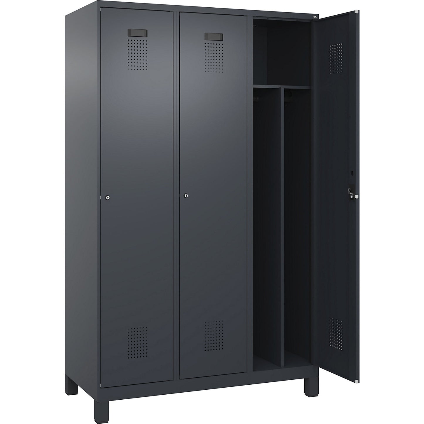 Evolo PLUS clean and dirty clothes locker, narrow, 3 compartments, shortened centre divider, grey, W 1200 mm, with wide feet, cylinder lock.