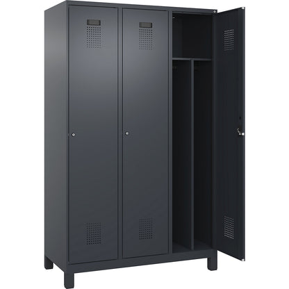 Evolo PLUS clean and dirty clothes locker, narrow, 3 compartments, shortened centre divider, grey, W 1200 mm, with wide feet, cylinder lock.