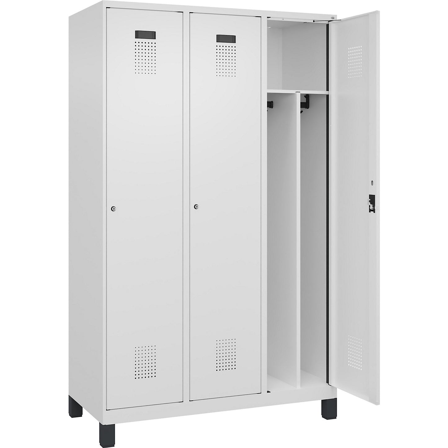 Evolo PLUS clean and dirty clothes locker, narrow, 3 compartments, shortened centre divider, white, W 1200 mm, with wide feet, cylinder lock.