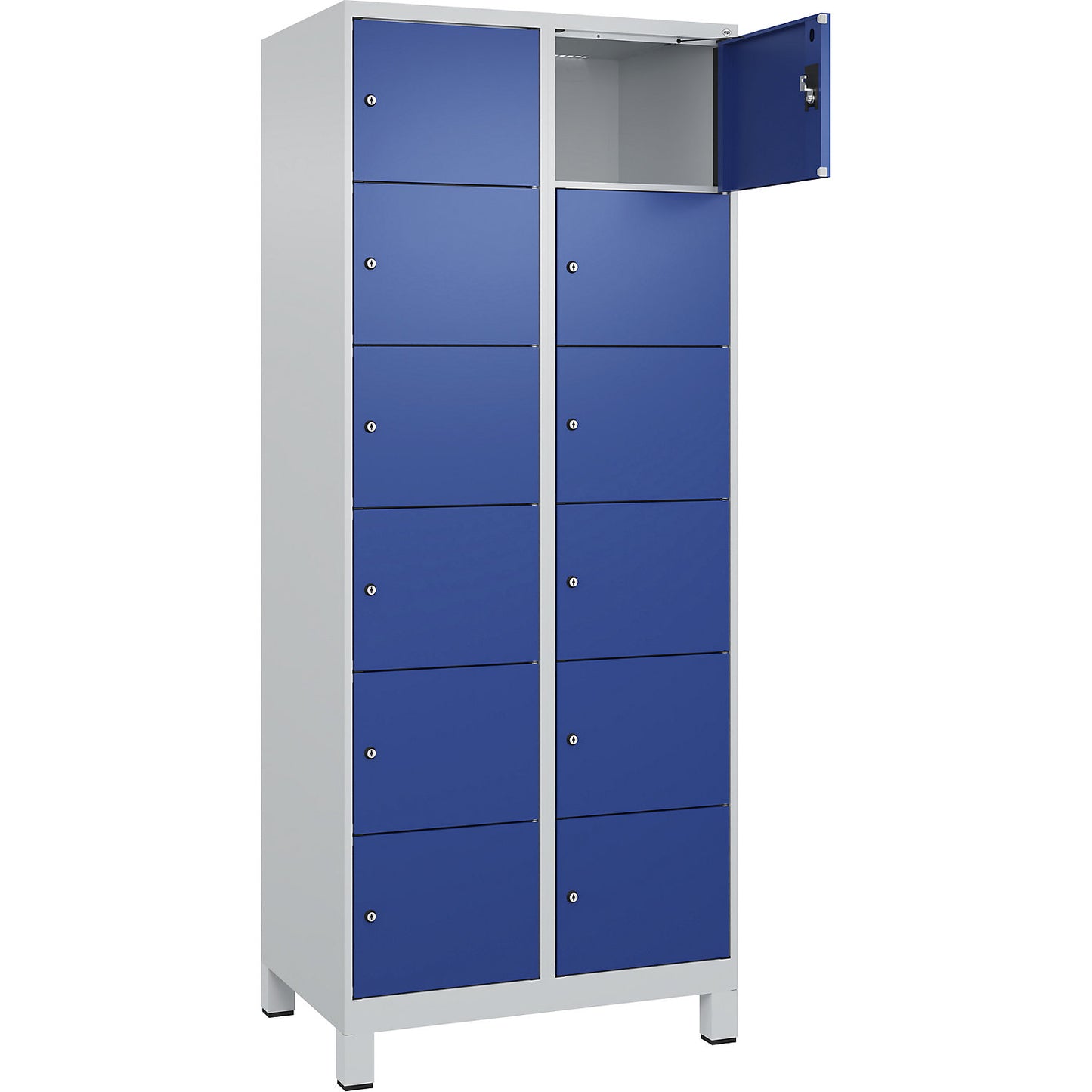 Evolo PLUS 6-fold compartment locker, 2 compartments, light grey / gentian blue, W 800 mm, 12 compartments, with wide feet, cylinder lock.