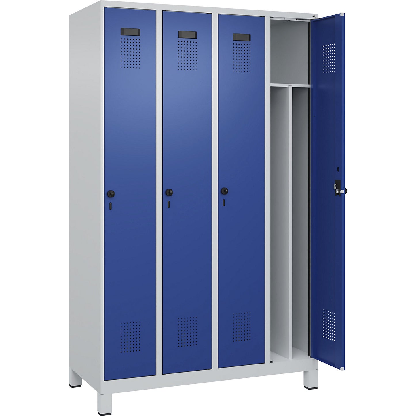 Evolo PLUS clean and dirty clothes locker, narrow, 4 compartments, shortened centre divider, light grey / gentian blue, W 1200 mm, with wide feet, security rotary bolt.