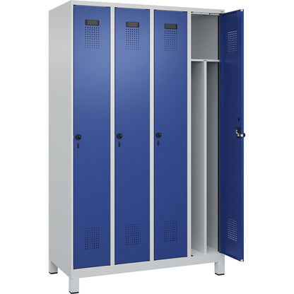 Evolo PLUS clean and dirty clothes locker, narrow, 4 compartments, shortened centre divider, light grey / gentian blue, W 1200 mm, with wide feet, security rotary bolt.