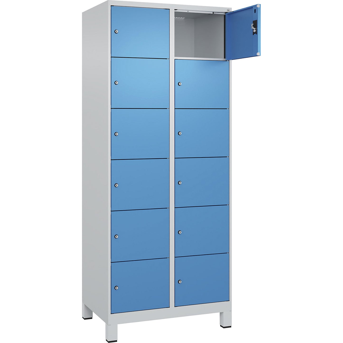Evolo PLUS 6-fold compartment locker, 2 compartments, light grey / light blue, W 800 mm, 12 compartments, with wide feet, cylinder lock.