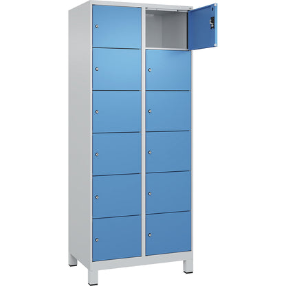 Evolo PLUS 6-fold compartment locker, 2 compartments, light grey / light blue, W 800 mm, 12 compartments, with wide feet, cylinder lock.