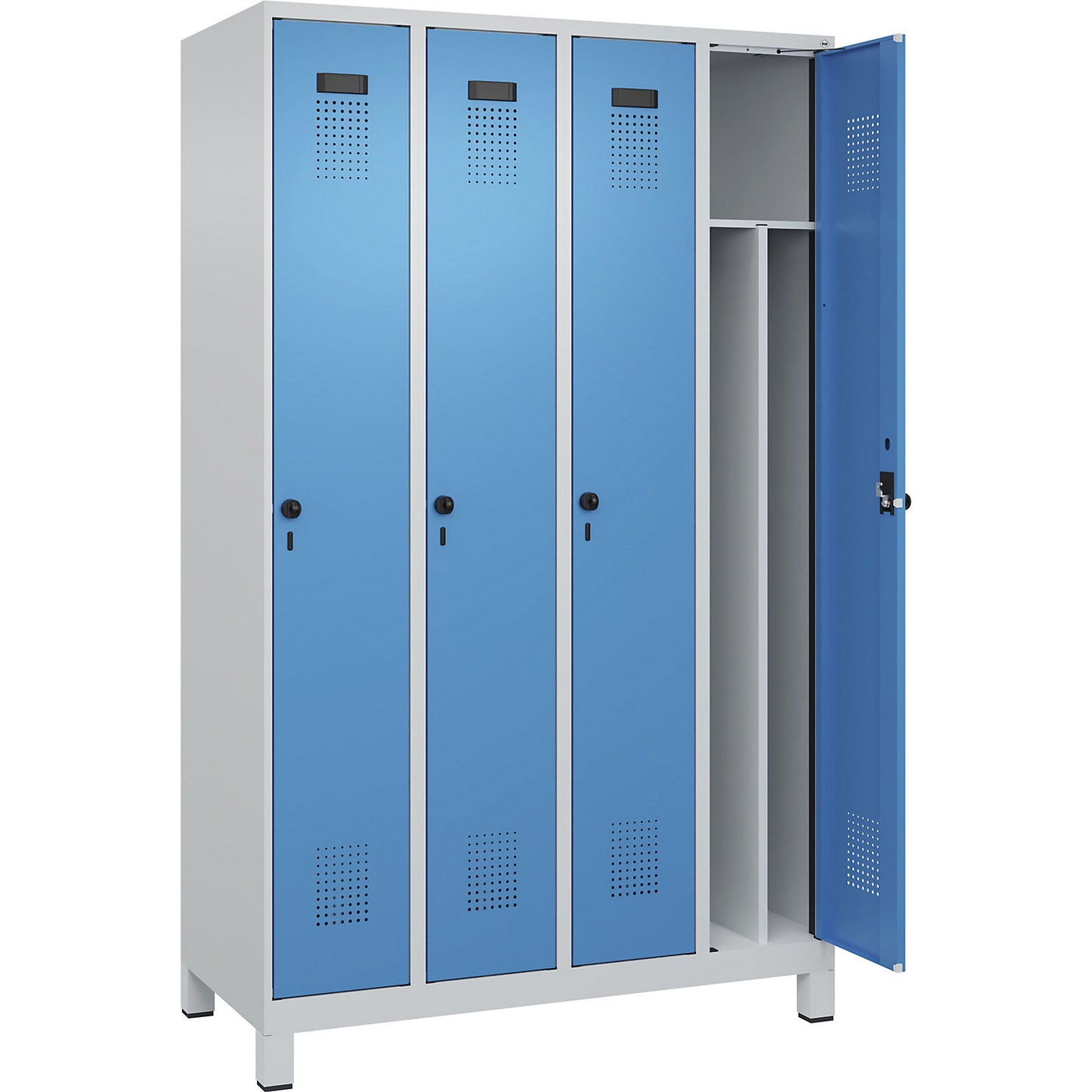Evolo PLUS clean and dirty clothes locker, narrow, 4 compartments, shortened centre divider, light grey / light blue, W 1200 mm, with wide feet, security rotary bolt.