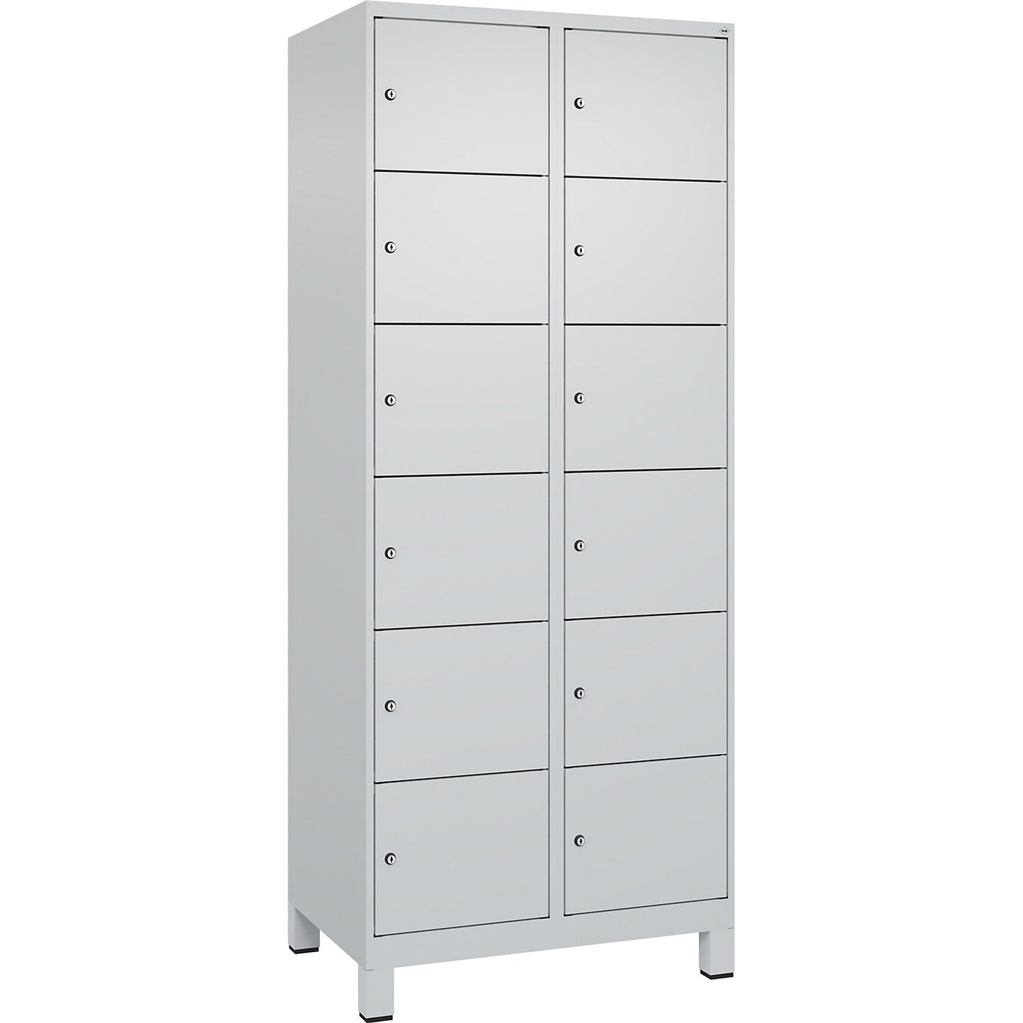 Evolo PLUS 6-fold compartment locker, 2 compartments, light grey, W 800 mm, 12 compartments, with wide feet, cylinder lock.