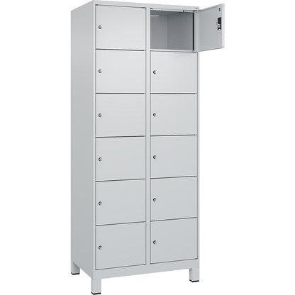 Evolo PLUS 6-fold compartment locker, 2 compartments, light grey, W 800 mm, 12 compartments, with wide feet, cylinder lock.