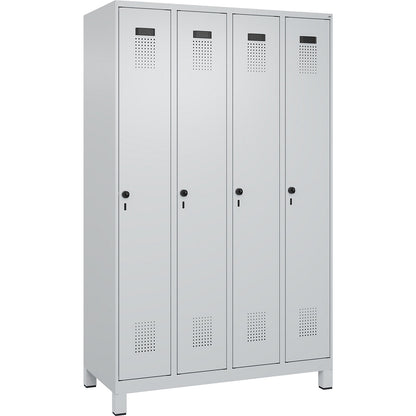 Evolo PLUS clean and dirty clothes locker, narrow, 4 compartments, shortened centre divider, light grey, W 1200 mm, with wide feet, security rotary bolt.