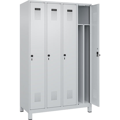 Evolo PLUS clean and dirty clothes locker, narrow, 4 compartments, shortened centre divider, light grey, W 1200 mm, with wide feet, security rotary bolt.