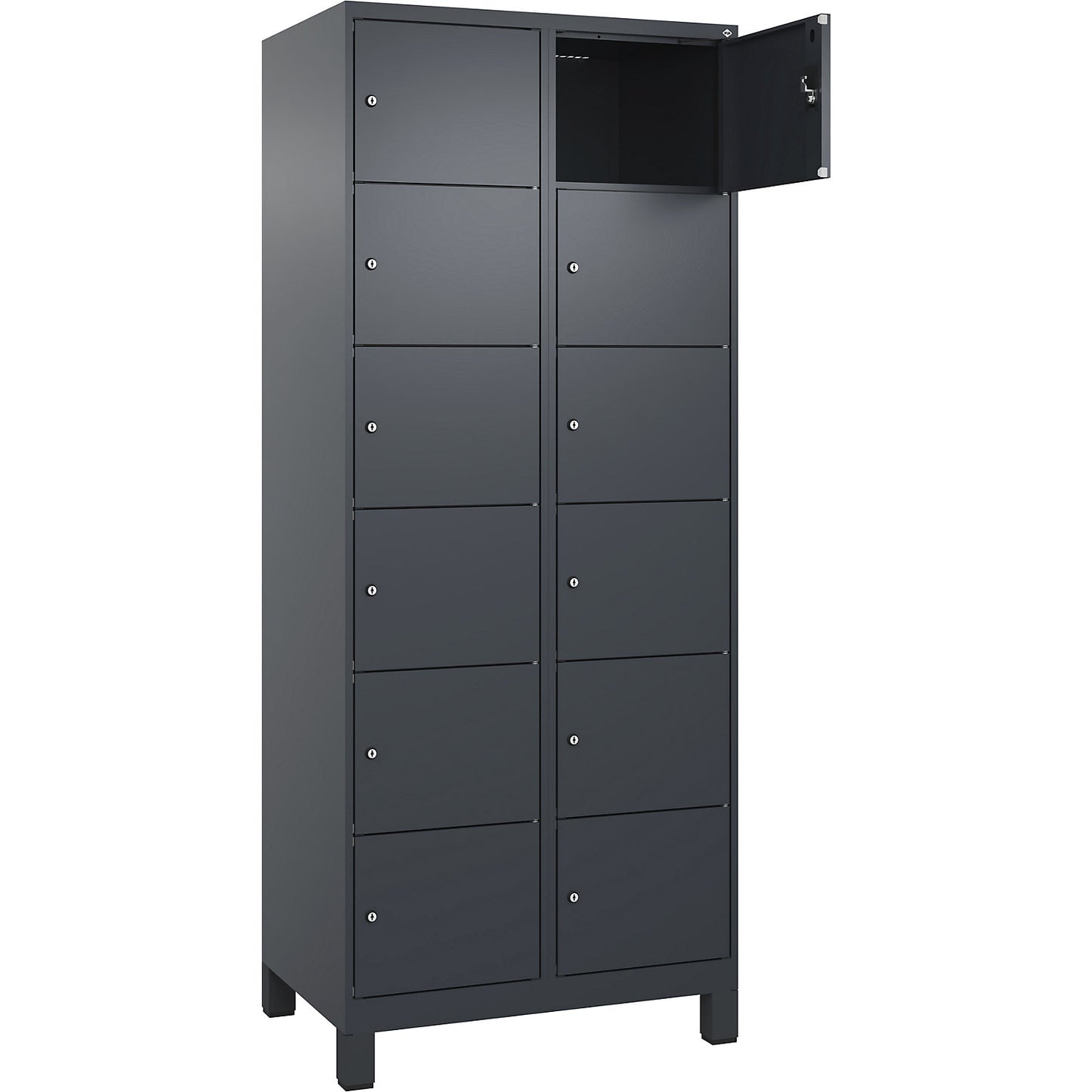 Evolo PLUS 6-fold compartment locker, 2 compartments, grey, W 800 mm, 12 compartments, with wide feet, cylinder lock.
