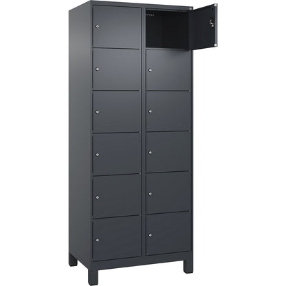 Evolo PLUS 6-fold compartment locker, 2 compartments, grey, W 800 mm, 12 compartments, with wide feet, cylinder lock.