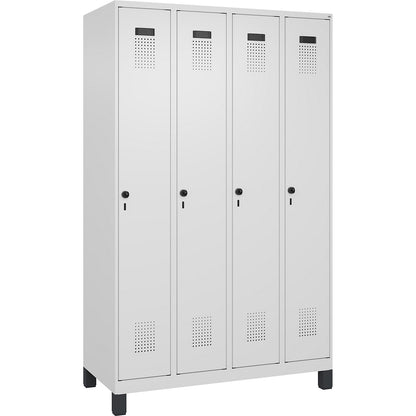 Evolo PLUS clean and dirty clothes locker, narrow, 4 compartments, shortened centre divider, white, W 1200 mm, with wide feet, security rotary bolt.