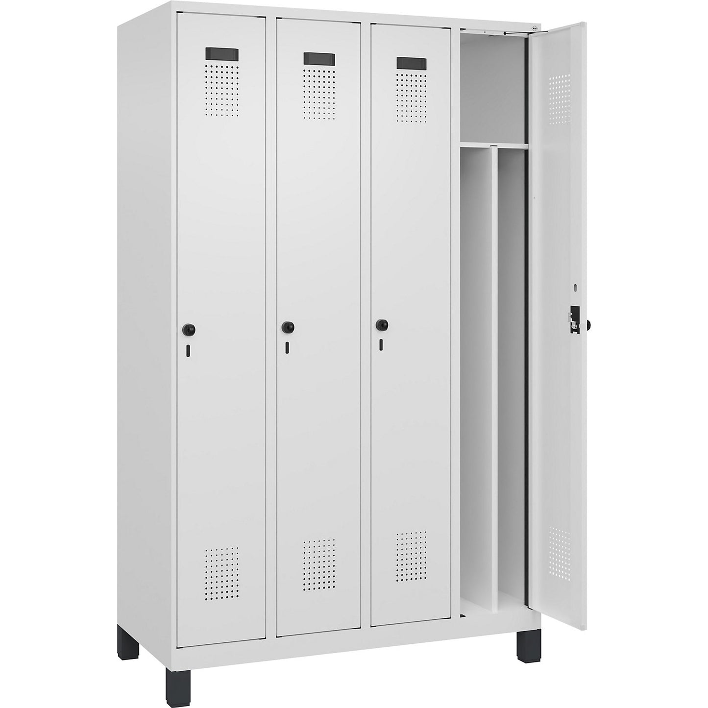 Evolo PLUS clean and dirty clothes locker, narrow, 4 compartments, shortened centre divider, white, W 1200 mm, with wide feet, security rotary bolt.