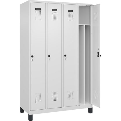 Evolo PLUS clean and dirty clothes locker, narrow, 4 compartments, shortened centre divider, white, W 1200 mm, with wide feet, security rotary bolt.