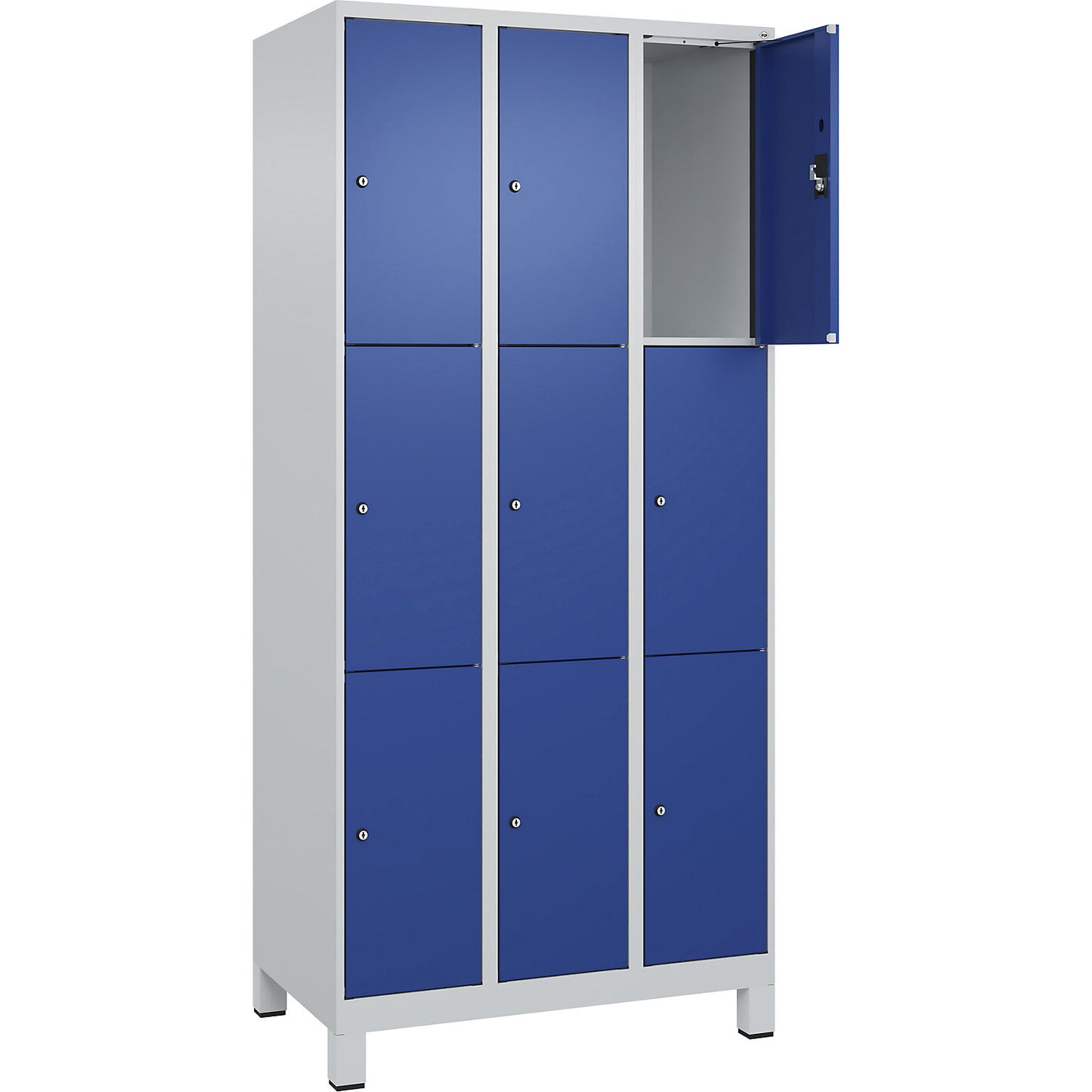 Evolo PLUS 3-fold compartment locker, 3 compartments, light grey / gentian blue, W 900 mm, 9 compartments, with wide feet, cylinder lock.