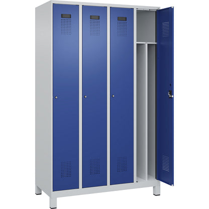 Evolo PLUS clean and dirty clothes locker, narrow, 4 compartments, shortened centre divider, light grey / gentian blue, W 1200 mm, with wide feet, cylinder lock.