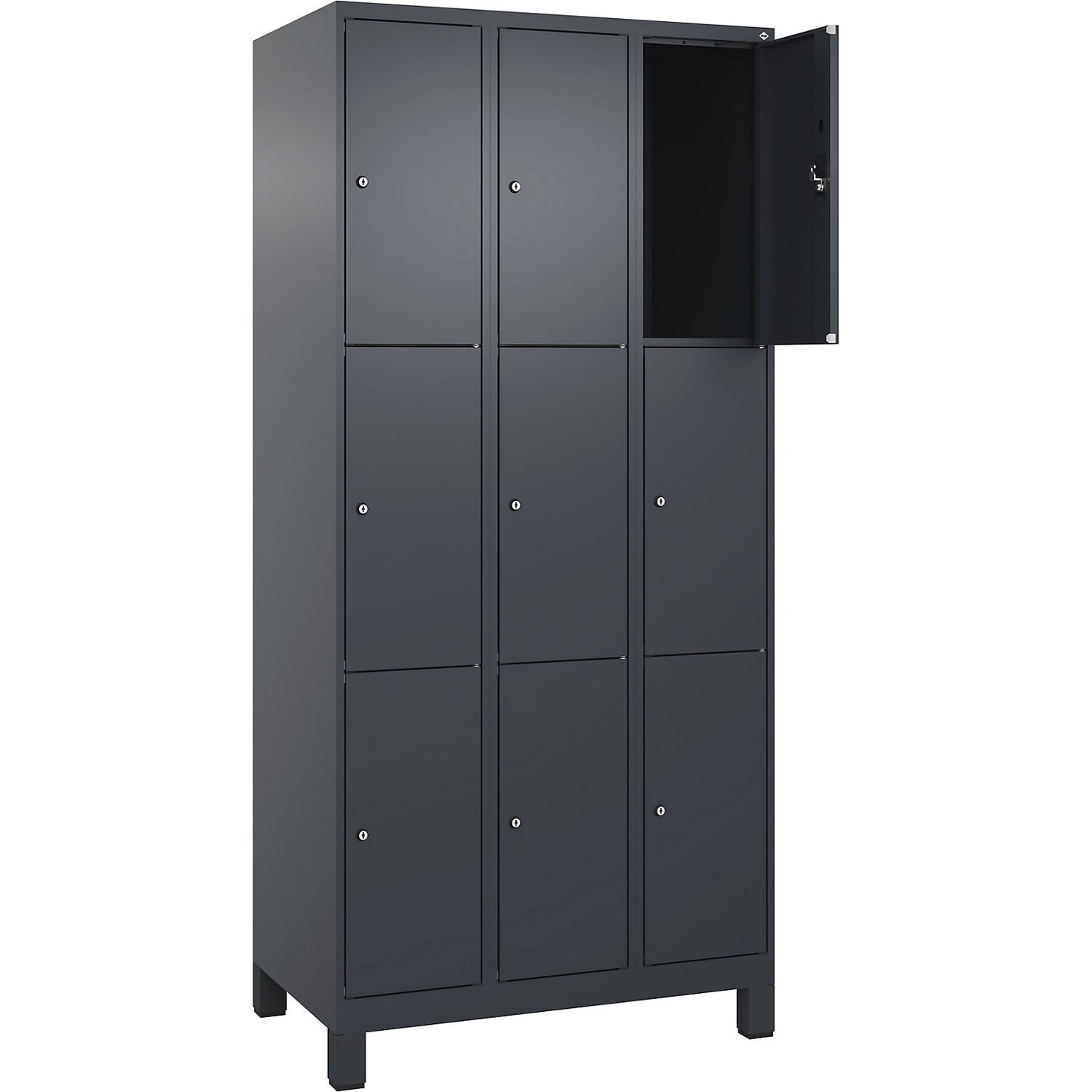 Evolo PLUS 3-fold compartment locker, 3 compartments, grey, W 900 mm, 9 compartments, with wide feet, cylinder lock.