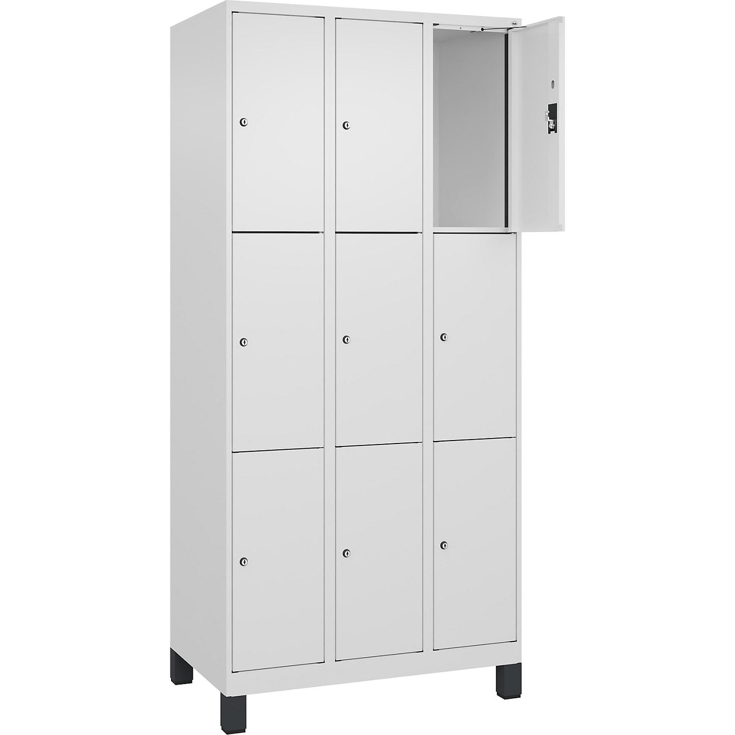 Evolo PLUS 3-fold compartment locker, 3 compartments, white, W 900 mm, 9 compartments, with wide feet, cylinder lock.