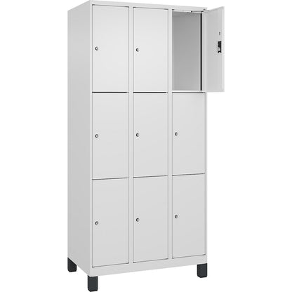 Evolo PLUS 3-fold compartment locker, 3 compartments, white, W 900 mm, 9 compartments, with wide feet, cylinder lock.