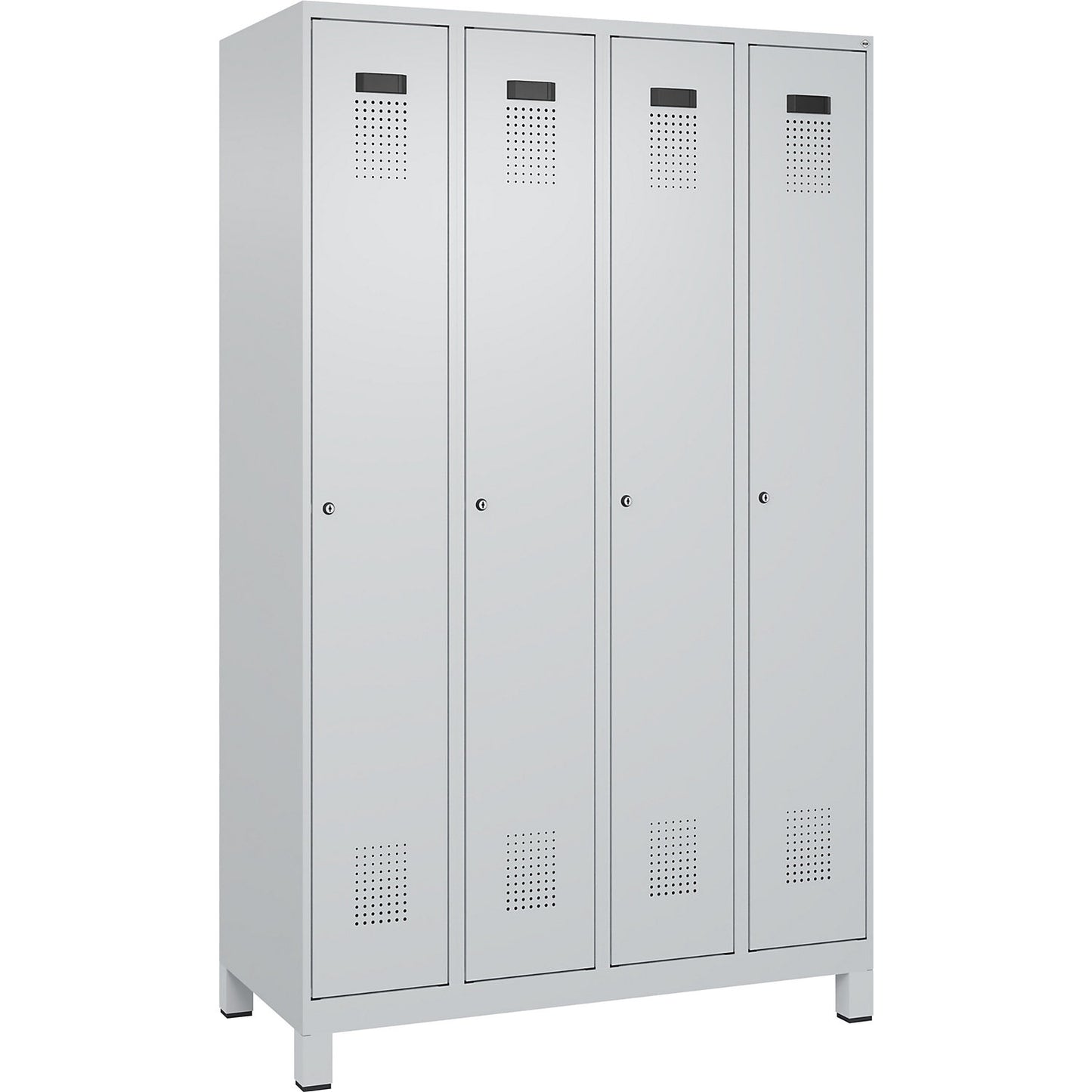 Evolo PLUS clean and dirty clothes locker, narrow, 4 compartments, shortened centre divider, light grey, W 1200 mm, with wide feet, cylinder lock.